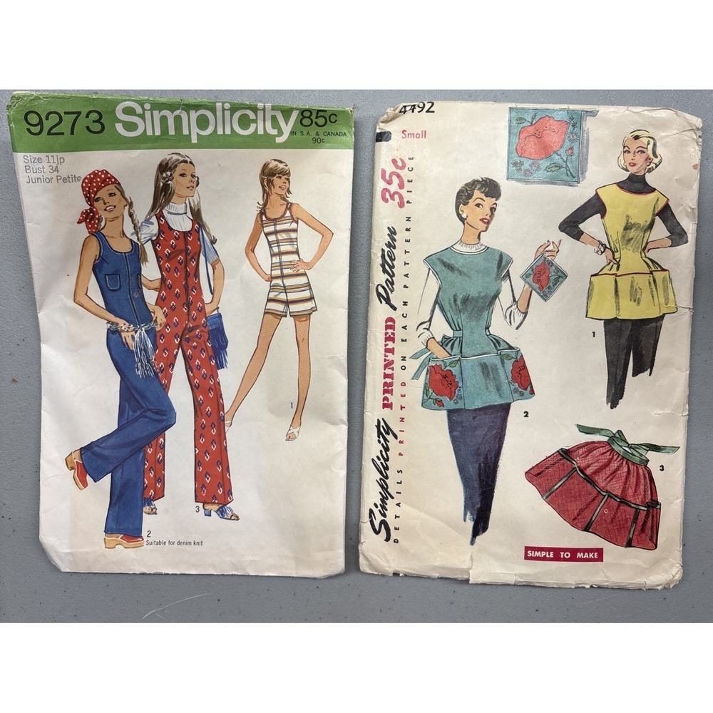 1953 Simplicity Sewing Pattern 4492 Small Apron; 1971 #9273 Size 11 JR Jumpsuit